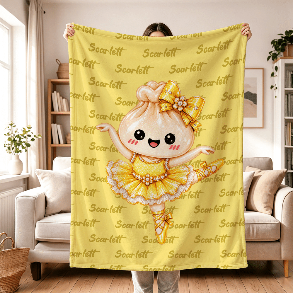 Manta suave personalizada con nube de palabras del personaje «Dumpling», la bailarina de ballet con purpurina, con nombre; decoración para el hogar; regalo de cumpleaños y Navidad para niñas y bailarinas de ballet 1