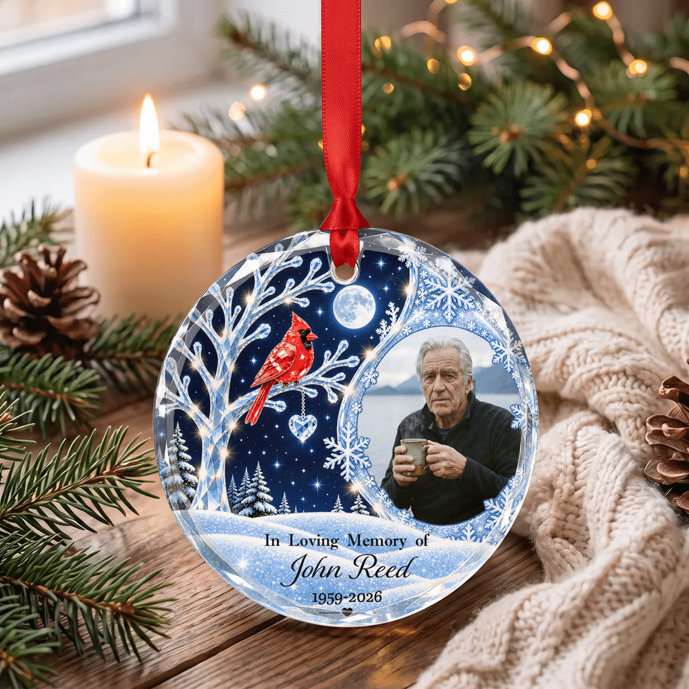 Personalized Winter Night Cardinal Snowflake Glass Acrylic Ornament with Name and Year Christmas Memorial Gift for Family 3