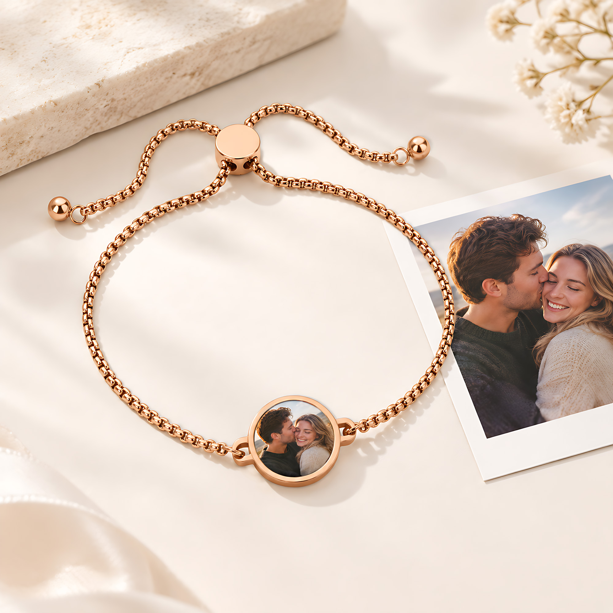 Personalised Heat-Activated Hidden Photo Adjustable Bracelet with Engraved Text Valentine's Day Anniversary Gift for Couple