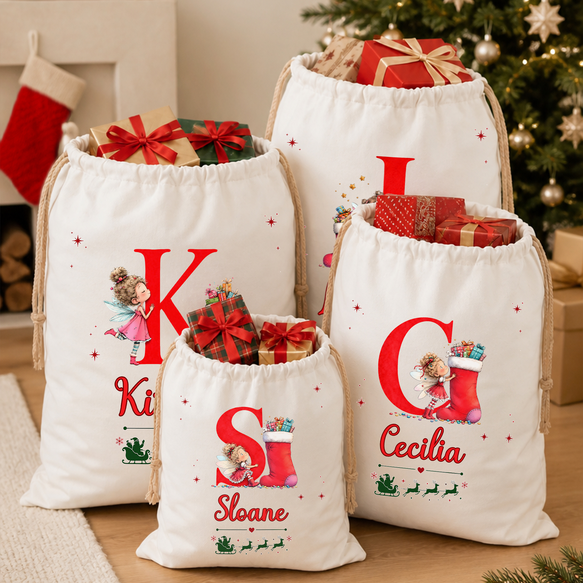 Personalisierte, niedliche Weihnachts-Geschenktüte aus Leinwand mit Initialen und Kordelzug im Feen-Design – Weihnachtsgeschenk für Kinder und Mädchen