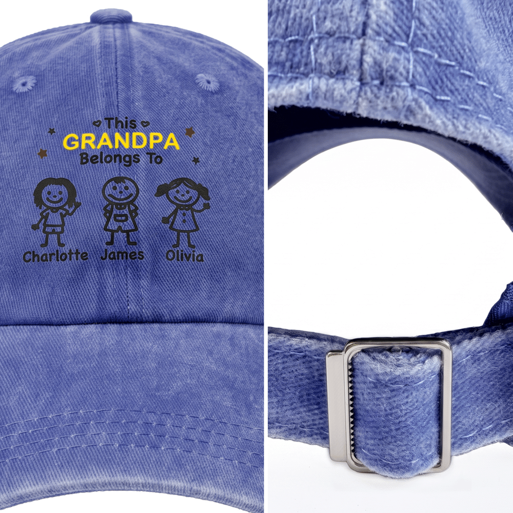 Personalized 1-10 Cute Line Cartoon Figures Washed Denim Baseball Cap with Name and Title Daily Wear Birthday Gift for Dad Grandpa 4