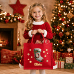 Personalized Christmas Theme Stocking Initial Large Capacity Red Jute Tote Bag with Name Christmas Party Gift for Kids Friends