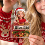 Personalisiertes 3D-Effekt-Kunstwerk: Cartoon-Weihnachtsfigur mit auf der Hand ruhender Figur – Foto-Acryl-Anhänger mit Namen – Weihnachtsgeschenk für Familie und Freunde