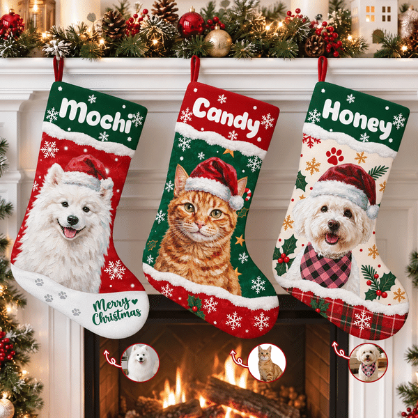 Personalized Christmas Theme Oil Painting Pet Photo Christmas Stocking with Name Home Decoration Christmas Gift for Pet Owners