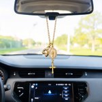 Personalized Zircon Virgin Mary and Cross Rosary Charm with Bubble Initial Car Decor Prayer Safety Birthday Gift for Drivers Christians