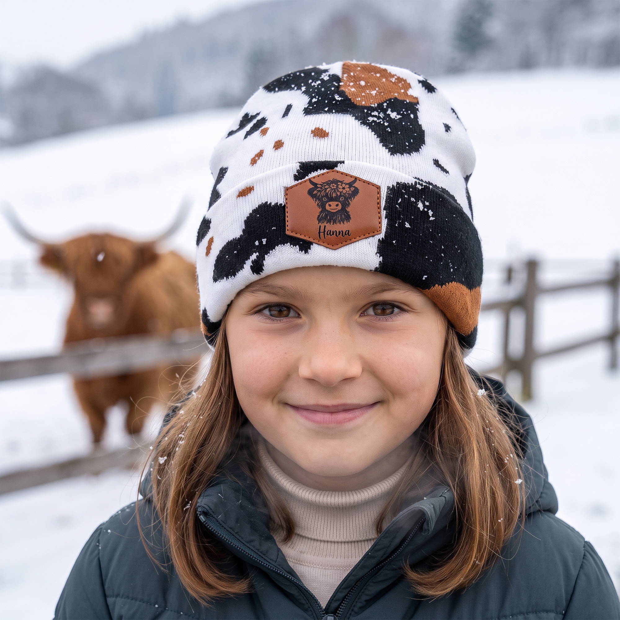Personalisierte Kuhflecken Beanie mit Hochlandrindmotiv & Namen | Strickmütze | Winteraccessoire | Geburtstags- & Weihnachtsgeschenk für Tierliebhaber