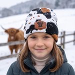 Personalisierte Kuhflecken Beanie mit Hochlandrindmotiv & Namen | Strickmütze | Winteraccessoire | Geburtstags- & Weihnachtsgeschenk für Tierliebhaber 1