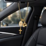 Personalized Zircon Virgin Mary and Cross Rosary Charm with Bubble Initial Car Decor Prayer Safety Birthday Gift for Drivers Christians