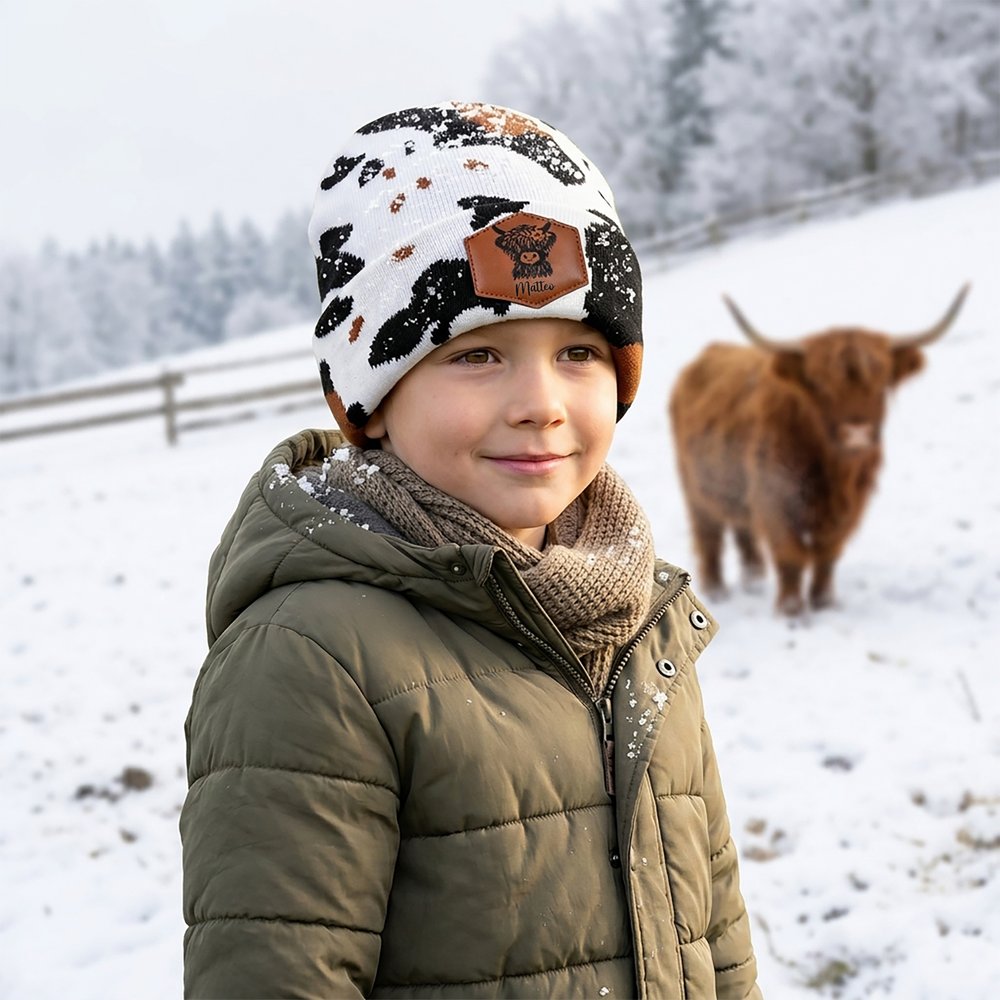 Personalisierte Kuhflecken Beanie mit Hochlandrindmotiv & Namen | Strickmütze | Winteraccessoire | Geburtstags- & Weihnachtsgeschenk für Tierliebhaber 2