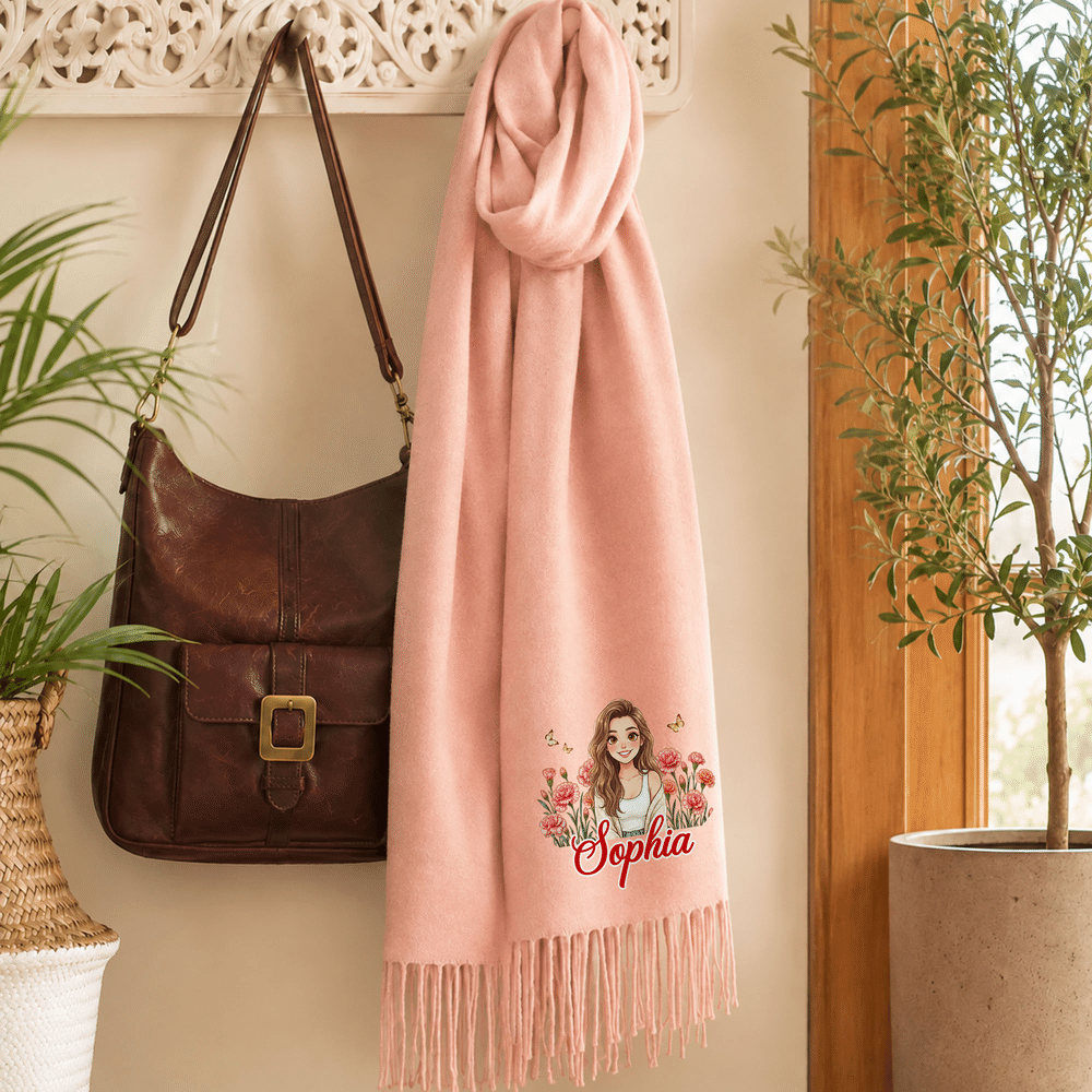 Personalised Watercolor Comic Style Photo Birth Flower Tassel Scarf Shawl with Name Winter Accessory Birthday Christmas Gift for Woman Friend 5