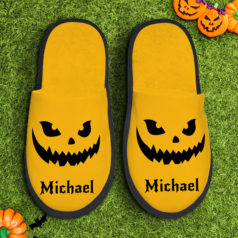 Personalized Multicolor Pumpkin Face Cozy Furry Slippers with Name Halloween Travel Accessories Gift for Family
