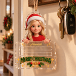 Personalisiertes 3D-Effekt-Kunstwerk: Cartoon-Weihnachtsfigur mit auf der Hand ruhender Figur – Foto-Acryl-Anhänger mit Namen – Weihnachtsgeschenk für Familie und Freunde