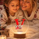 Veilleuse LED personnalisée en acrylique « Elfe de Noël » avec initiale, prénom et socle en bois – Décoration de chambre – Cadeau de Noël pour garçons et filles