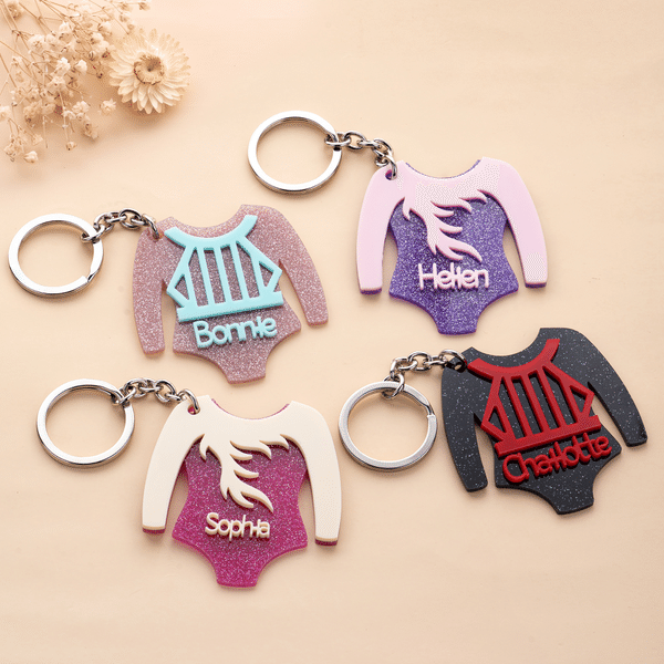 Personalized Glitter Gymnast Leotard Acrylic Keychain with Name Gymnastics Accessory Competition Day Birthday Gift for Gymnast Girls