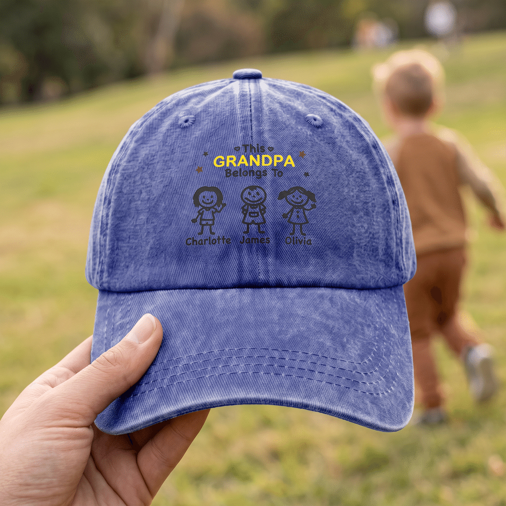 Personalized 1-10 Cute Line Cartoon Figures Washed Denim Baseball Cap with Name and Title Daily Wear Birthday Gift for Dad Grandpa 5