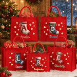 Personalized Christmas Theme Stocking Initial Large Capacity Red Jute Tote Bag with Name Christmas Party Gift for Kids Friends
