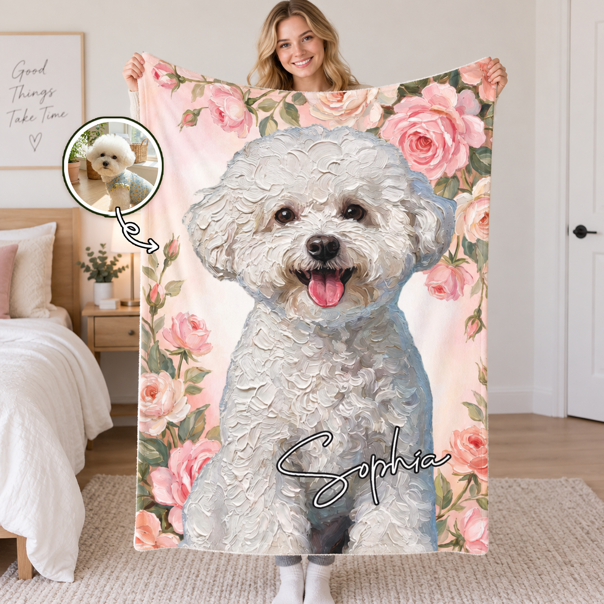 Personalized Oil Painting Style Pet Photo Birth Flower Soft Throw Blanket with Name Home Decor Birthday Gift for Pet Owners Dog Cat Lovers