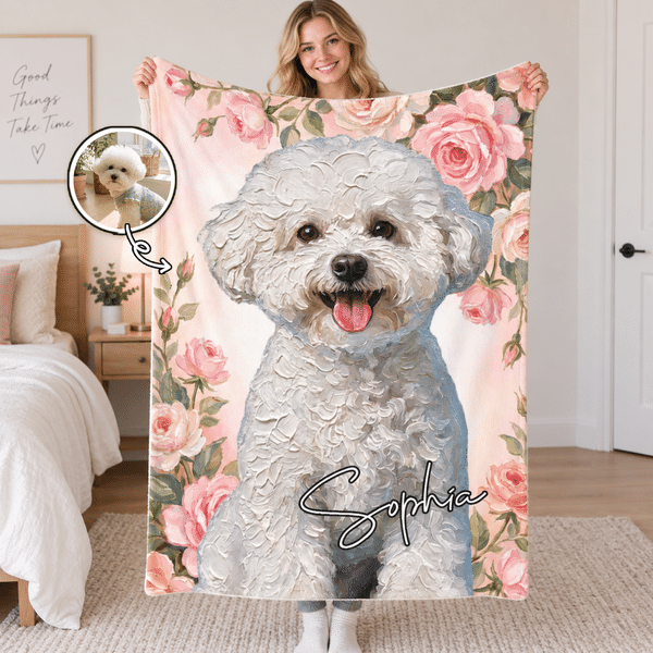Personalisierte Haustierfoto Kuscheldecke im Ölgemälde-Stil | mit Namen & Geburtsblume | Weiche Wohndecke | Geburtstagsgeschenk für Haustierbesitzer
