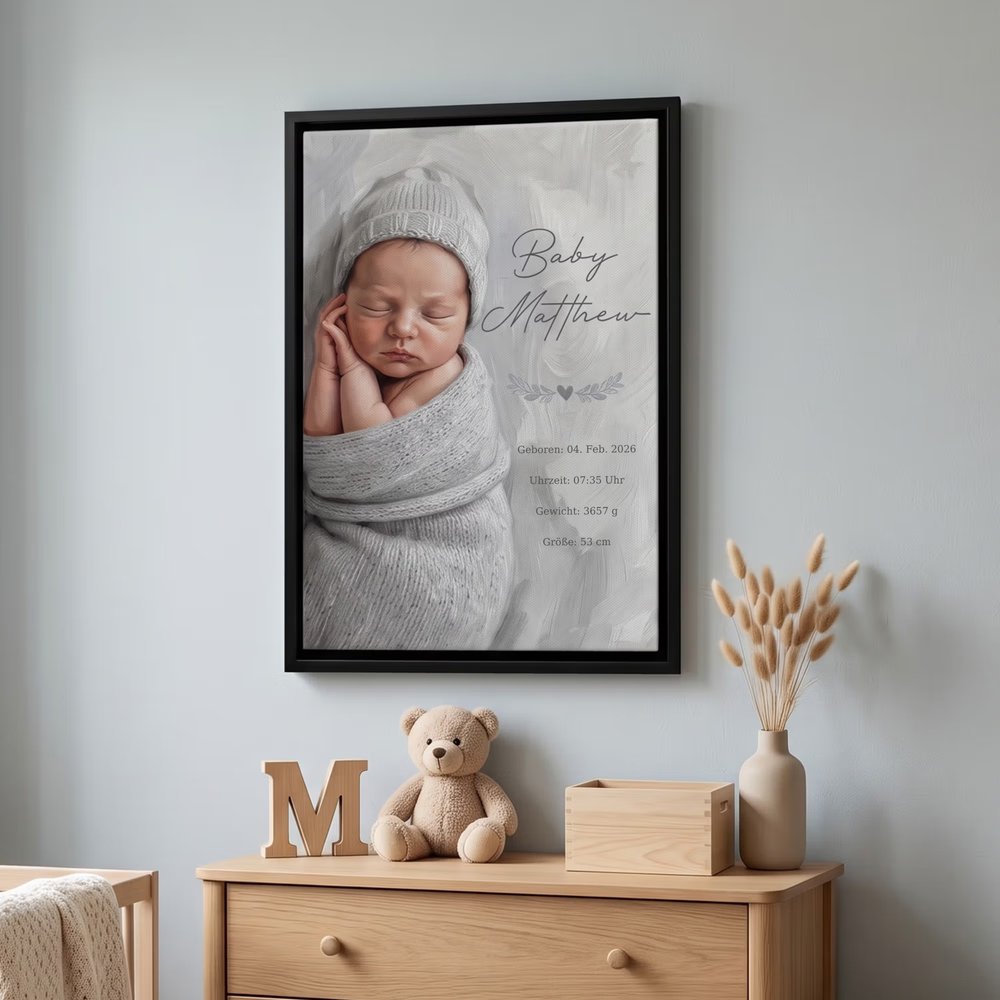 Personalisierter Baby-Ölporträtfoto Leinwand mit Geburtsdaten & Namen | Kunstdruck | Wanddeko | Geburts- & Taufgeschenk für frischgebackene Eltern 3