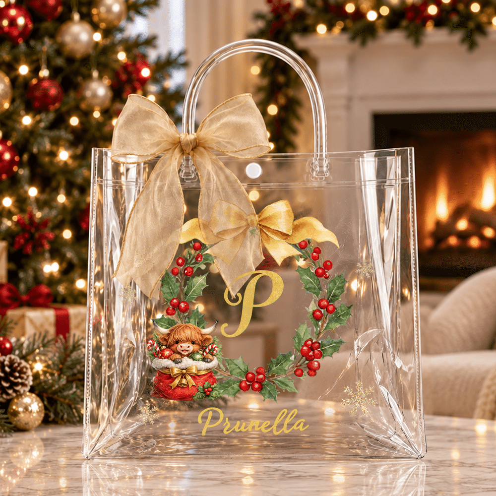 Personalised Highland Cow Christmas Wreath Transparent Gift Bag with Name Initial and Bow Christmas Gift for Family Children Highland Cow Lovers 1