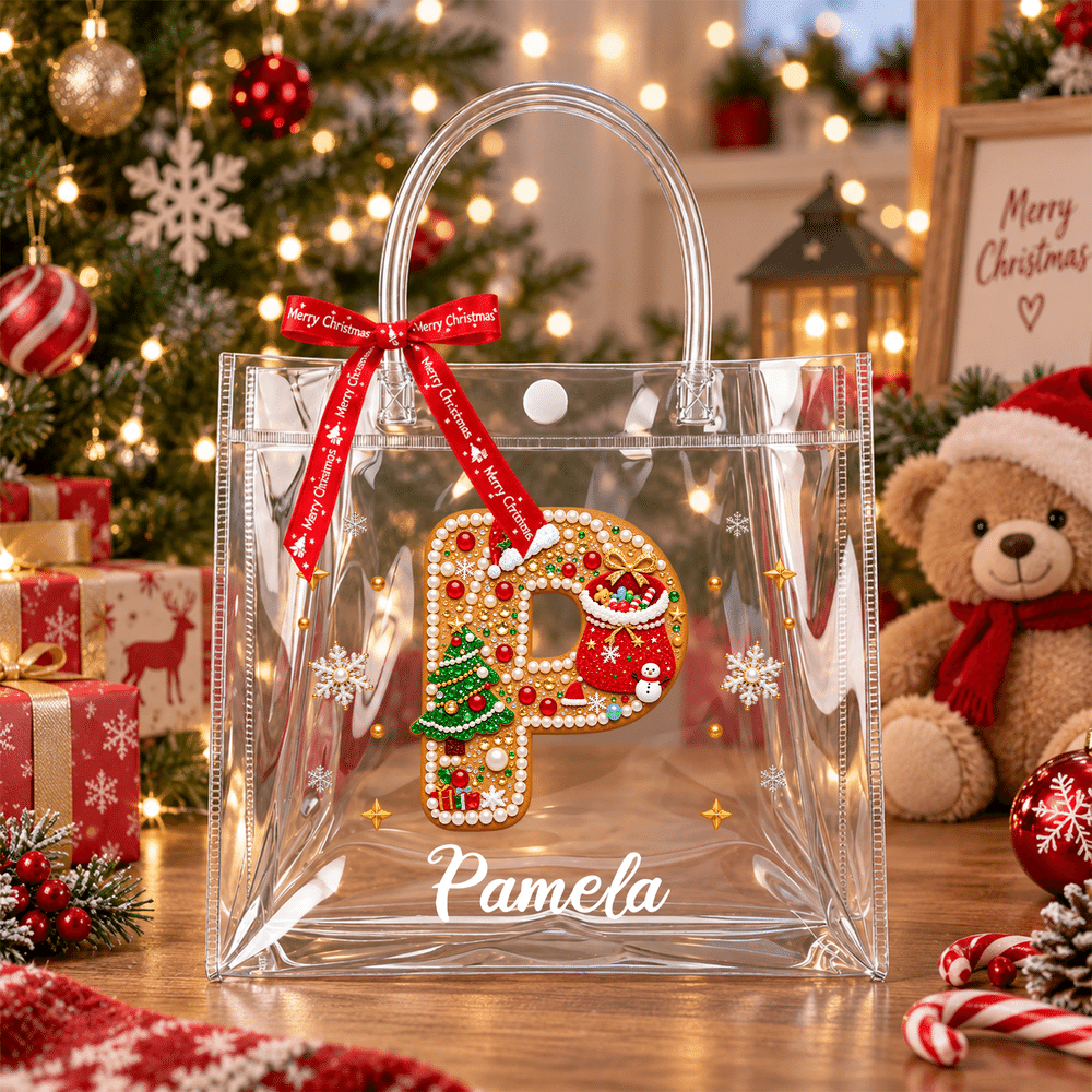 Bolsa de regalo transparente personalizada de Navidad con iniciales y diseño de abalorios, con el nombre del destinatario; regalo para fiestas navideñas y uso diario para niños 1