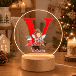 Veilleuse LED personnalisée en acrylique « Elfe de Noël » avec initiale, prénom et socle en bois – Décoration de chambre – Cadeau de Noël pour garçons et filles