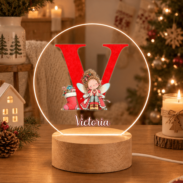 Veilleuse LED personnalisée en acrylique « Elfe de Noël » avec initiale, prénom et socle en bois – Décoration de chambre – Cadeau de Noël pour garçons et filles