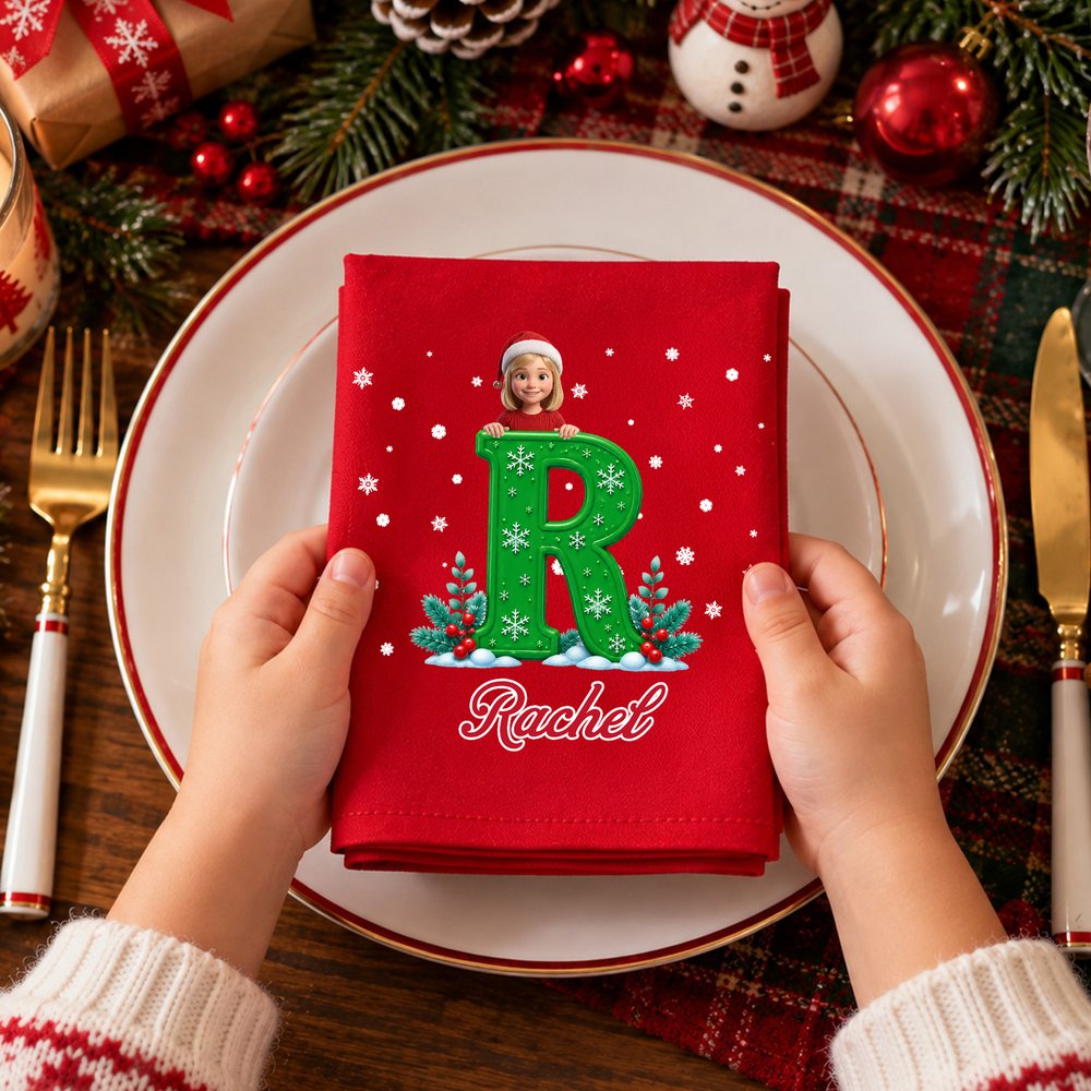 Servilleta personalizada con dibujo de un personaje con gorro navideño de dibujos animados, 100 % algodón, con iniciales y nombre; regalo de decoración navideña para el hogar, ideal para la familia y los niños 2