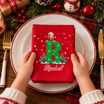 Servilleta personalizada con dibujo de un personaje con gorro navideño de dibujos animados, 100 % algodón, con iniciales y nombre; regalo de decoración navideña para el hogar, ideal para la familia y los niños 2