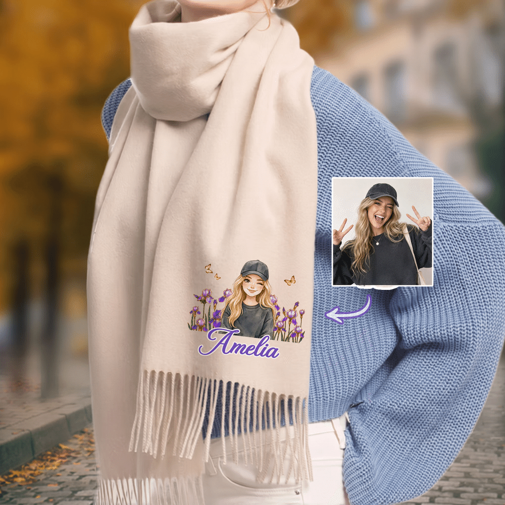 Personalised Watercolor Comic Style Photo Birth Flower Tassel Scarf Shawl with Name Winter Accessory Birthday Christmas Gift for Woman Friend 3
