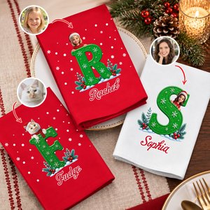 Personalised Cartoon Christmas Hat Character Photo 100% Cotton Initial Napkin with Name Christmas Home Decoration Gift for family kids