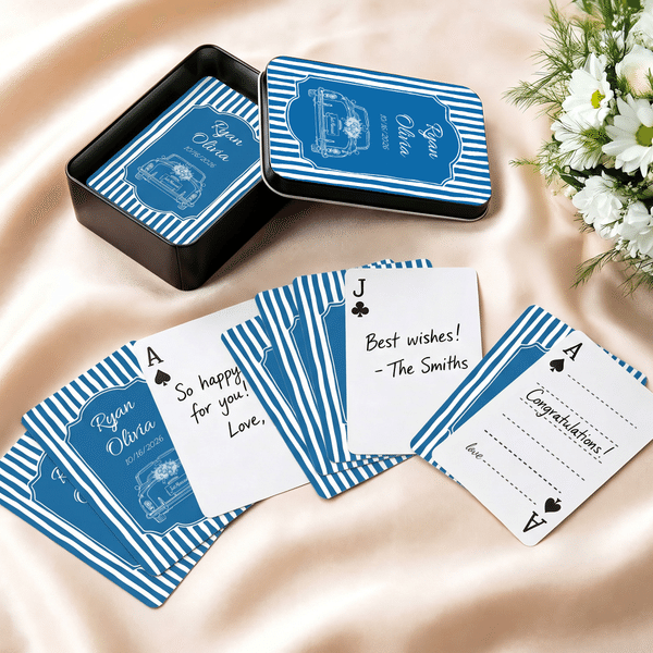 Coffret en fer contenant un jeu de cartes à jouer personnalisées sur le thème du mariage, multicolores, à rayures, avec photo, nom et date – Cadeau de mariage ou de fiançailles pour les jeunes mariés et les couples