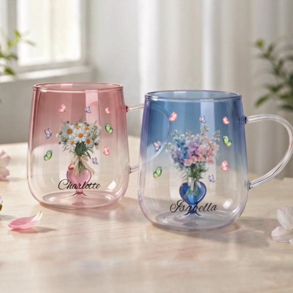 Taza personalizada de vidrio 430 ml con mariposa flor de nacimiento corazón 3D y nombre regalo de cumpleaños y Día de la Madre para mujeres 3