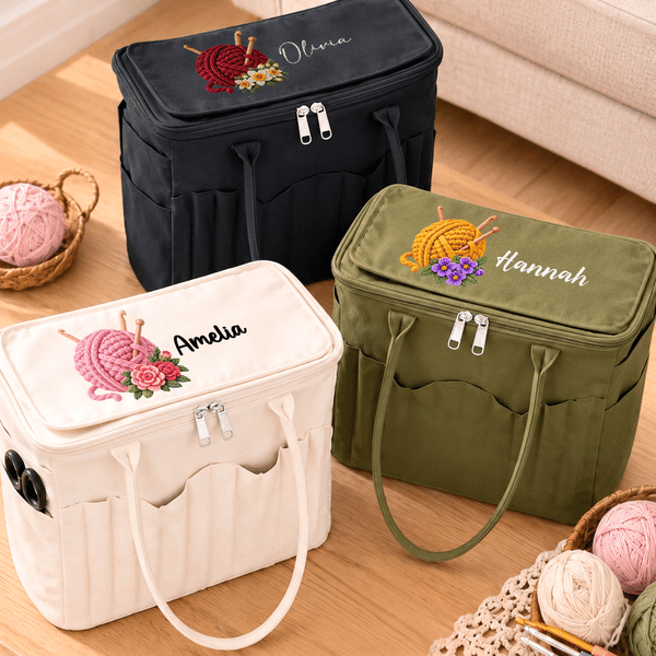 Personalized Knitting Theme Birth Flower Large Capacity Storage Bag with Name Daily Use Christmas Birthday Gift for Knitting Enthusiast