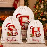 Personalised Merry Christmas Santa Claus Canvas Drawstring Gift Bag with Name and Initial Christmas Eve Party Gift for Kid