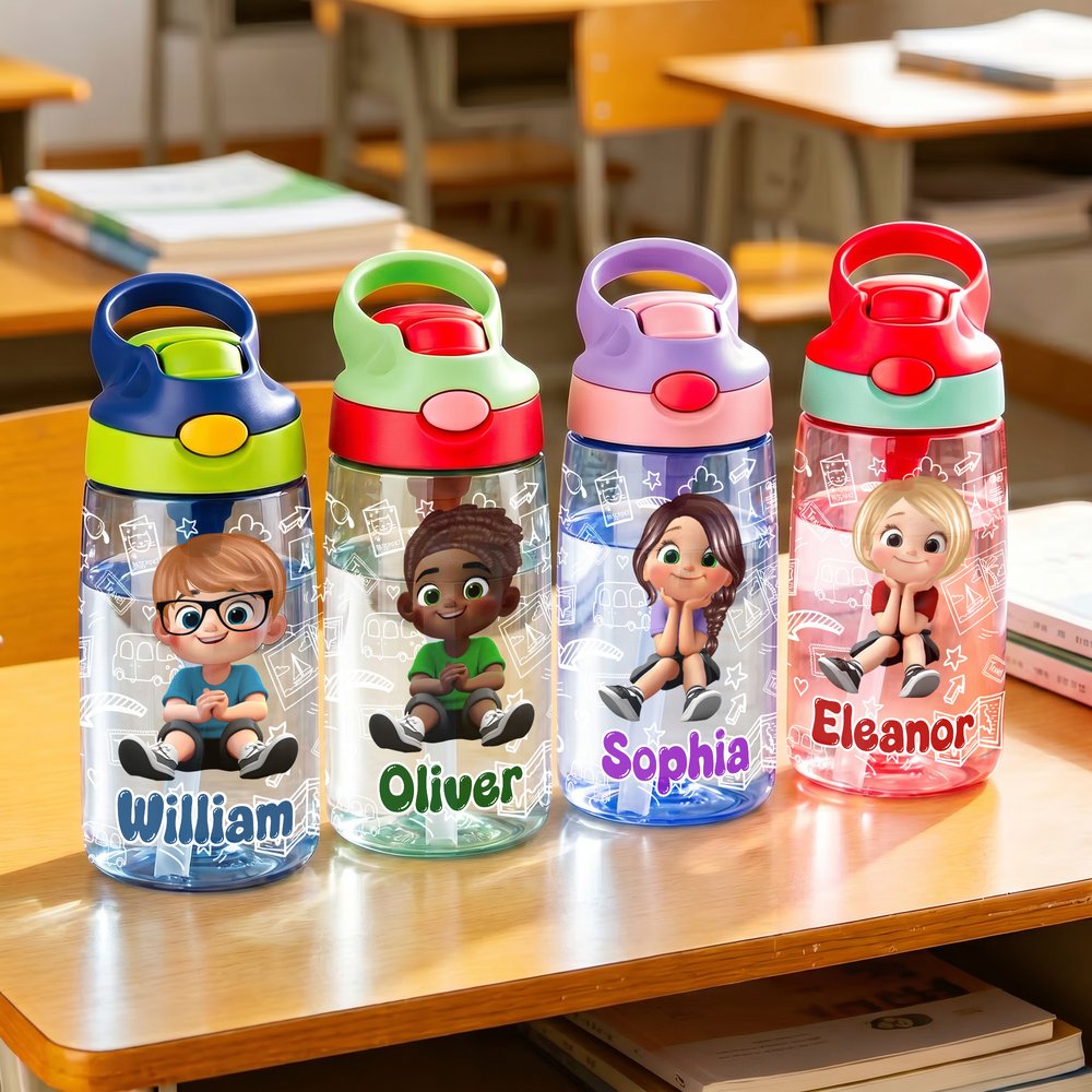 Personlig, flerfärgad vattenflaska för barn med tecknad figur, namn och silikonstrå – perfekt som födelsedags- eller skolstartspresent till pojkar och flickor 3