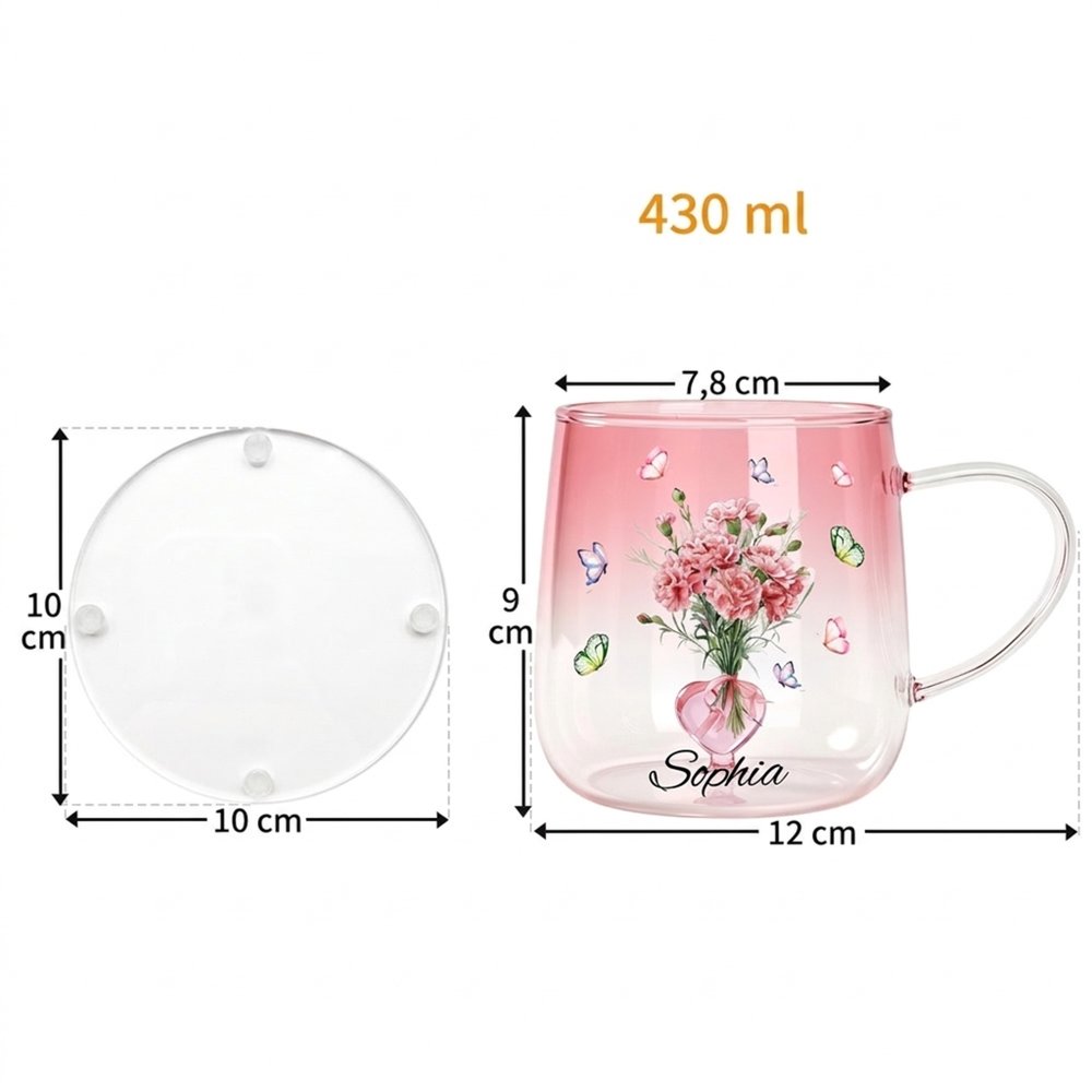 Taza personalizada de vidrio 430 ml con mariposa flor de nacimiento corazón 3D y nombre regalo de cumpleaños y Día de la Madre para mujeres 11