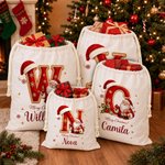 Personalised Merry Christmas Santa Claus Canvas Drawstring Gift Bag with Name and Initial Christmas Eve Party Gift for Kid
