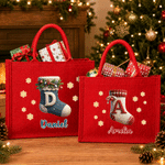 Personalized Christmas Theme Stocking Initial Large Capacity Red Jute Tote Bag with Name Christmas Party Gift for Kids Friends