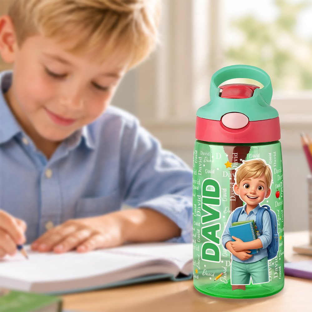Personalized 3D-Style Design Cartoon Photo 16 oz Kid Water Bottle with Name and Silicone Straw Back to School Birthday Gift for Boys Girls 4