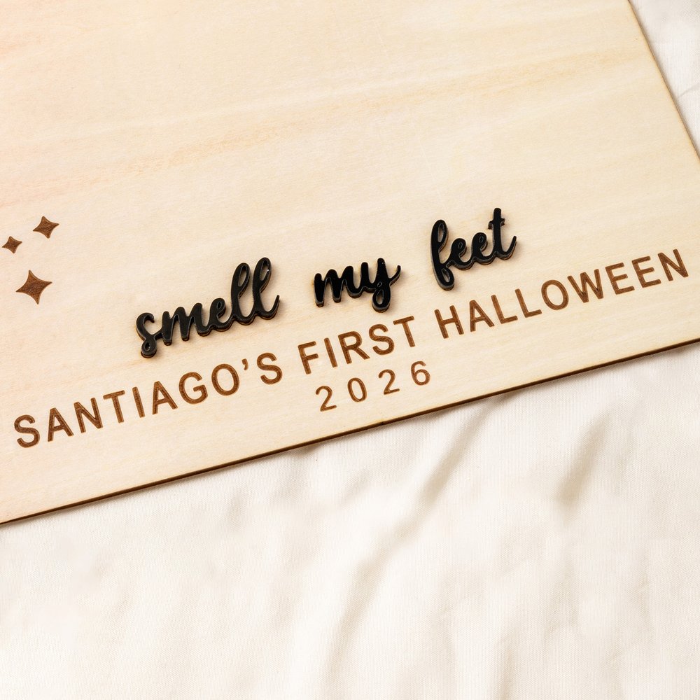 Personalised Footprint or Handprint Wooden Art Sign with Text Bat Ghost Pumpkin Kid DIY Craft First Halloween Gift for Baby New Parents 6
