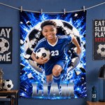 Couverture légère personnalisée pour garçon sur le thème du football, avec photo, prénom et numéro – Décoration d'intérieur, cadeau d'anniversaire sur le thème du sport pour un enfant passionné de football ou un jeune footballeur