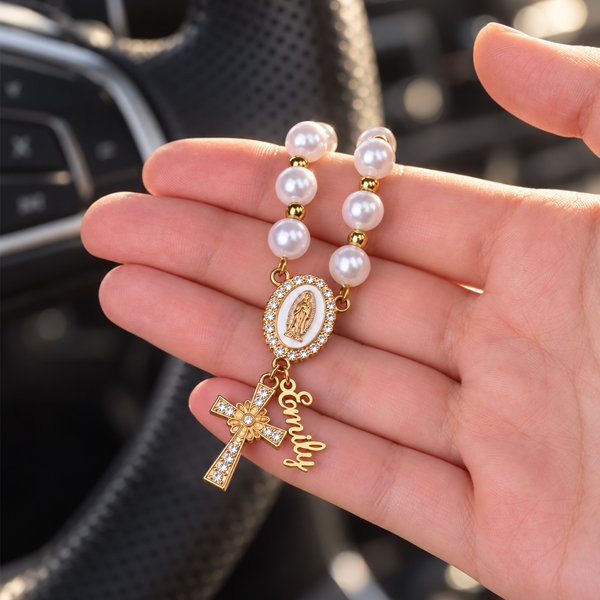 Personalized Virgin Mary Steering Wheel Rosary Charm with Cross and Name Car Decor Baptism Christmas Religious Gift for Christians Women Drivers