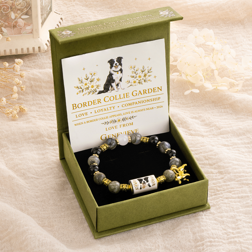 Juego de caja de regalo, tarjeta y pulsera personalizada con cuentas de cristal e ilustraciones de razas de perros, con nombre; regalo conmemorativo para mamás de perros y amantes de las mascotas 4