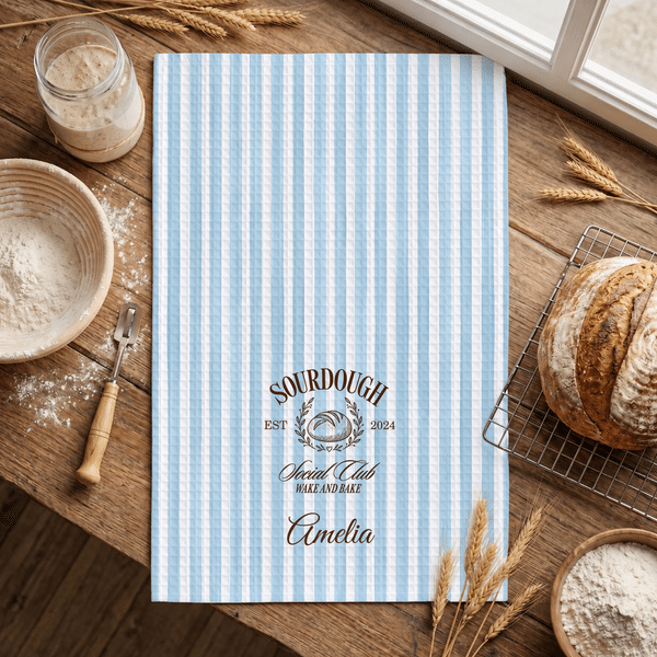 Personalized Vintage Sourdough Bread Striped Soft Absorbent Baking Tea Towel with Name and Year Bakery Gift for Baker