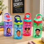 Personalized Comic Style Photo Word Cloud 16 oz Kid Water Bottle with Name Back to School Birthday Gift for Boys Girls