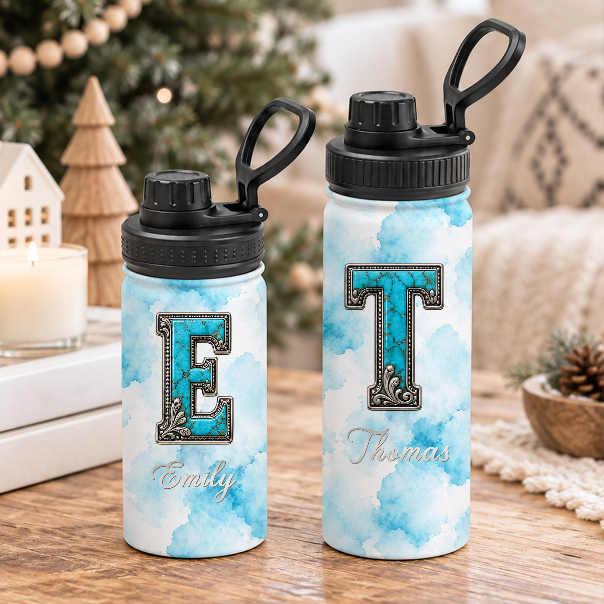 Personalisierte, isolierte Wasserflasche im „Watercolor Cloud Turquoise“-Stil mit Initialen, 12 oz/18 oz, mit Namen – Geburtstagsgeschenk für Freunde