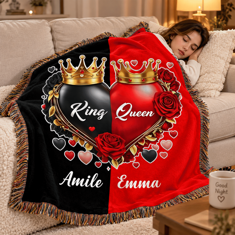 Manta suave personalizada con motivo romántico: rey, reina, corona y borla de rosa, con nombre; decoración para el hogar; regalo de Navidad, fiestas y días festivos para parejas, marido y mujer 5