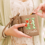 Personalised Birth Flower PU Leather Wallet with Name and Wrist Strap Daily Use Birthday Anniversary Gift for Mother Woman Girlfriend Bridal