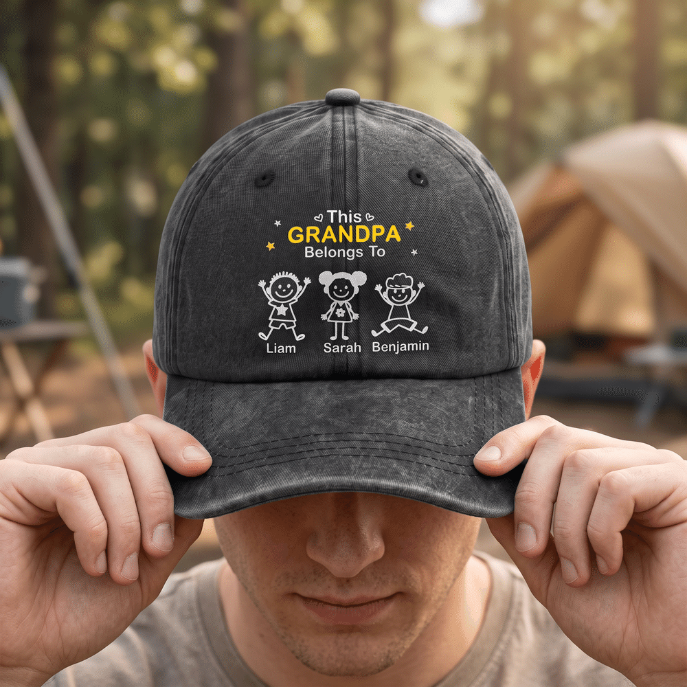 Personalized 1-10 Cute Line Cartoon Figures Washed Denim Baseball Cap with Name and Title Daily Wear Birthday Gift for Dad Grandpa 6
